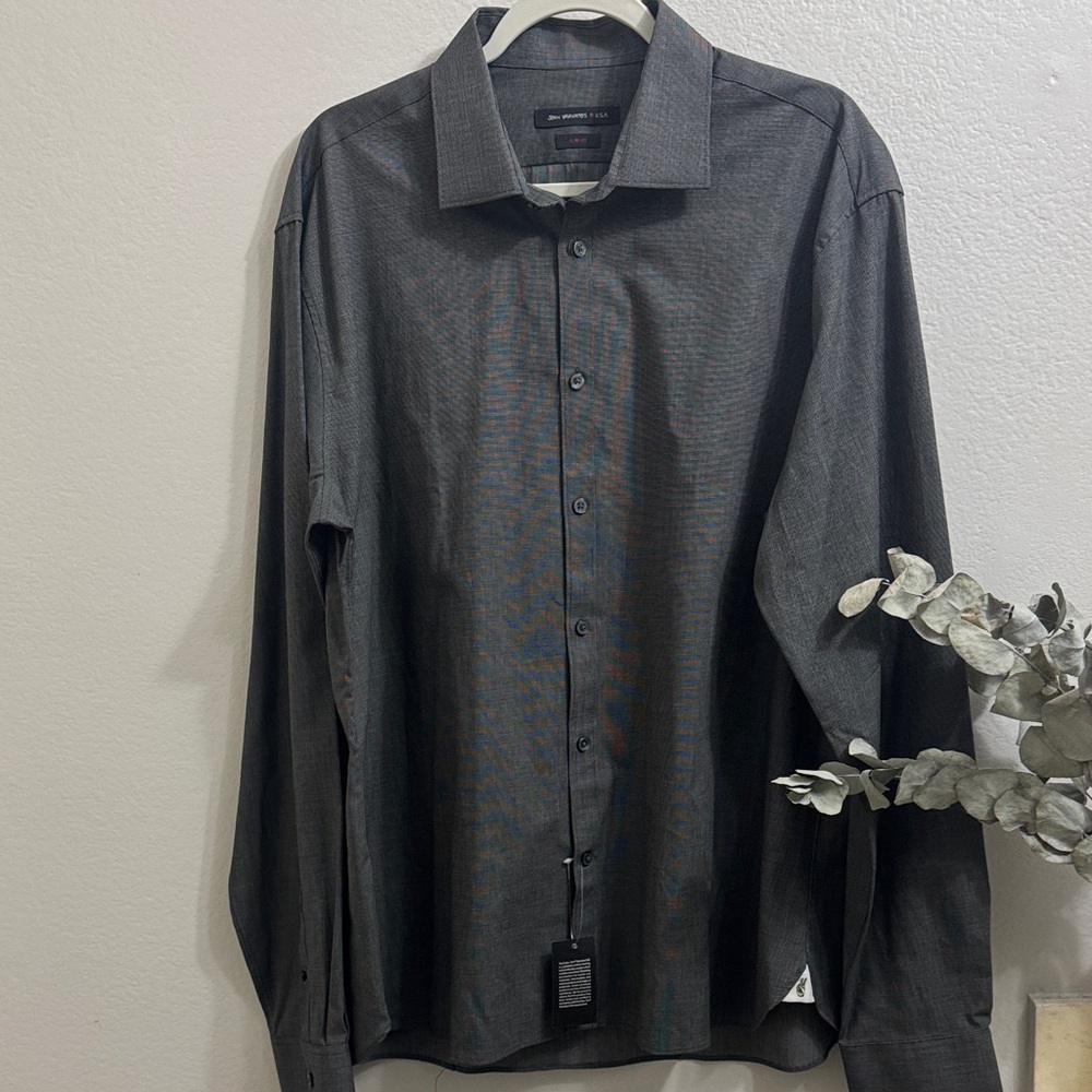 John Varvatos  USA Charcoal Dress Shirt/slim fit XL- 17  36/37 with peace sign